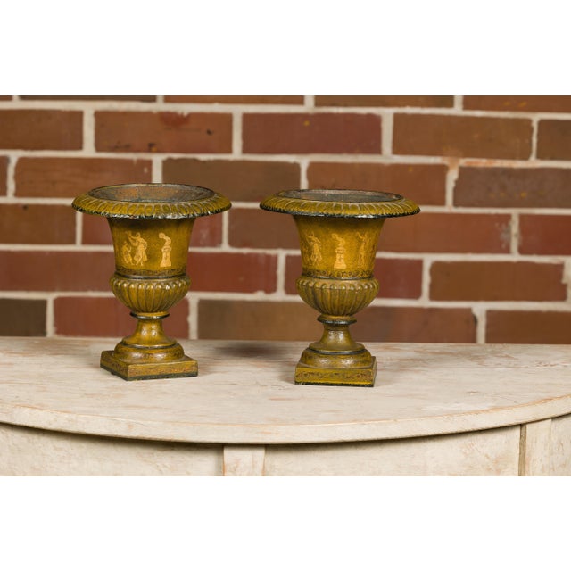 Early 20th Century Pair of Neoclassical Style Iron Planters with Liners and Mythological Figures For Sale - Image 9 of 12