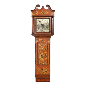 English Antique Red Chinoiserie Six-Bell Hanging Wall Clock Ca. 1830