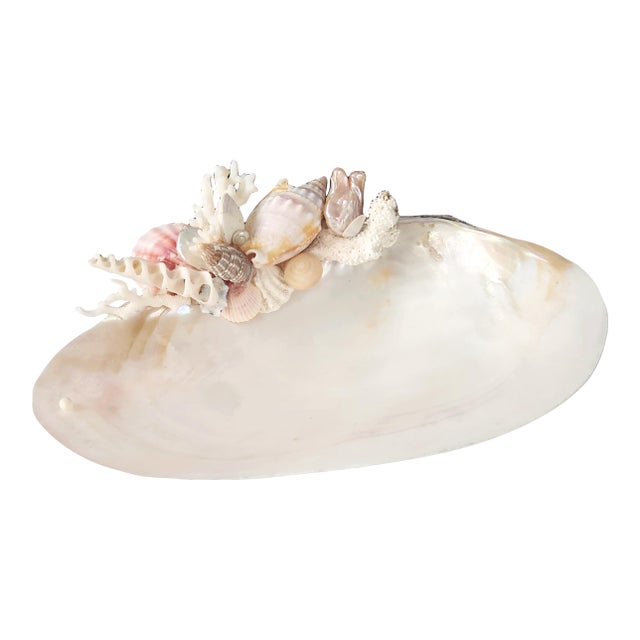 Handcrafted Oyster Shell Tray With Vintage Seashell Composition & Biwa Pearls — Coastal Sculptural Object For Sale