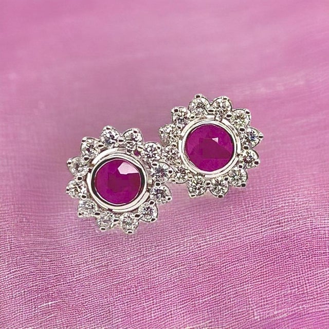 2010s Diamond Ruby Stud Earrings 14 Karat White Gold 1.87 TCW Certified For Sale - Image 5 of 18