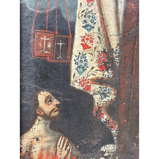 18thC Spanish Oil on Canvas Our Lady of Mount Carmel For Sale - Image 4 of 7