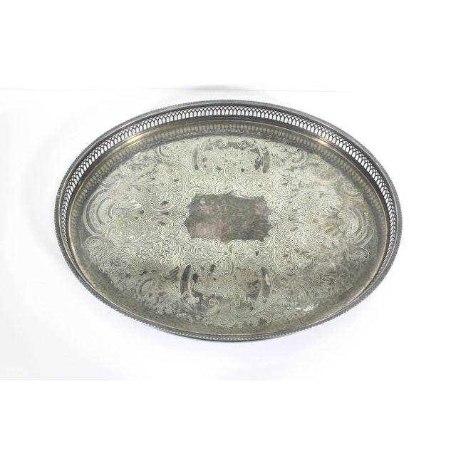 Metal Vintage English Silver Gallery Bar Tray Silver Plated Oval Embossed For Sale - Image 7 of 8