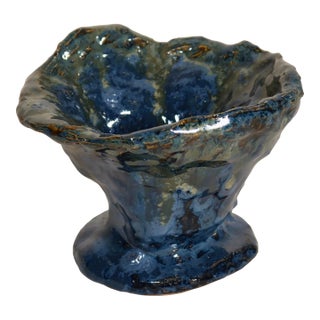Handmade Studio Pottery Organic Sculptural Ceramic Vessel in Blue & Green Drip Glaze, Abstract Artisan Pedestal Form For Sale