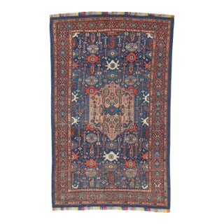 Antique Senneh Rug with Multicolored Silk Warp, Handmade, Ivory, Red, Light Blue For Sale