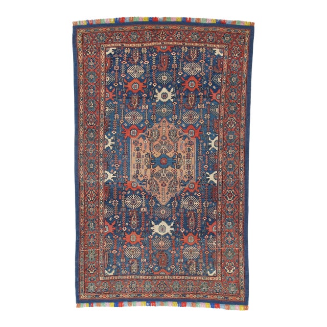 Antique Senneh Rug with Multicolored Silk Warp, Handmade, Ivory, Red, Light Blue For Sale