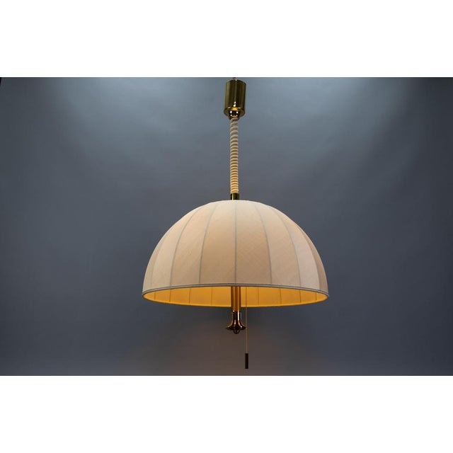 Large Brass and Fabric Lampshade Five-Light Adjustable Height Pendant Lamp, 1980s For Sale - Image 3 of 18