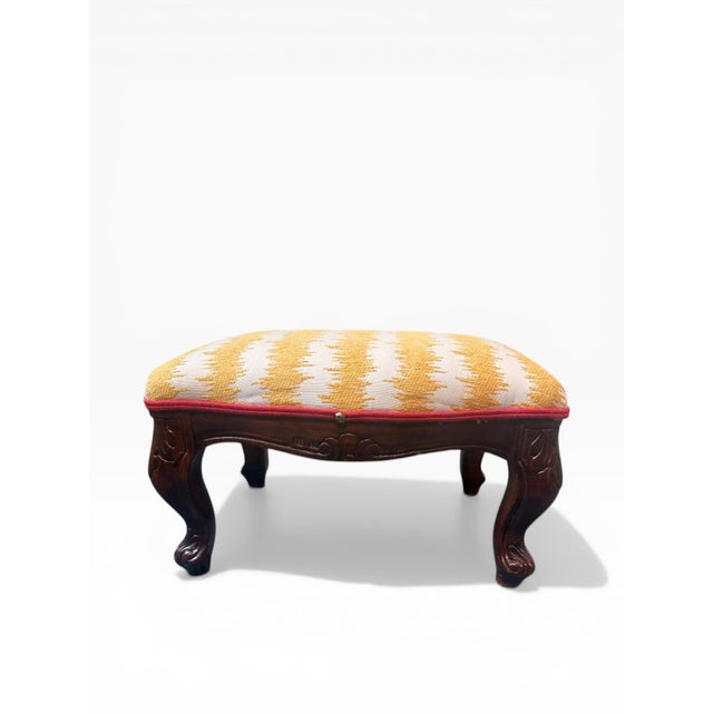Vintage Carved Wood Footstool With Upholstered Cushion For Sale - Image 4 of 8
