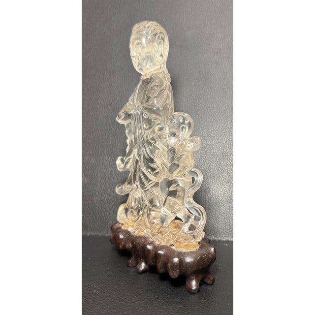 Glass Antique Hand Carved Chinese Guan Yin Child Clear Rock Crystal Sculpture Statue For Sale - Image 7 of 17