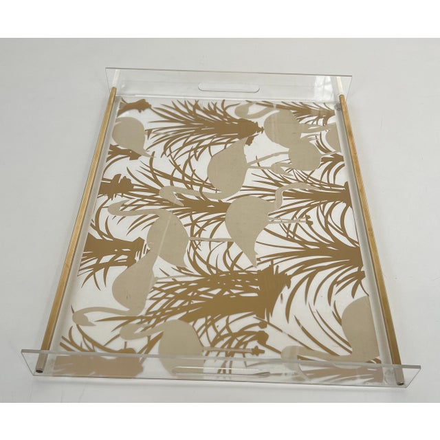 Pair of Lucite and brass trays decorated with gilded birds For Sale - Image 10 of 12