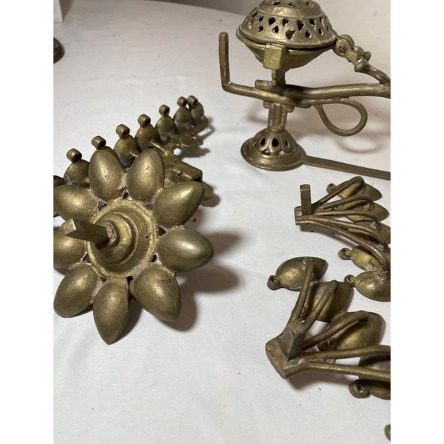 1920s Rare Antique Indian 5 Piece Multi Wick Brass Diyas Oil Burning Table Lamp Ornate For Sale - Image 5 of 12