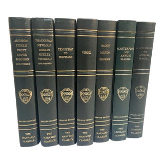 Set of 7 Vintage Leather Bound Green Gilt Books Decorative For Sale