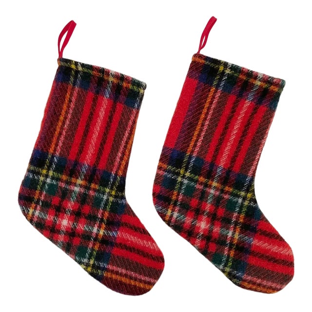 Plaid Wool Blanket Christmas Stockings - Pair For Sale