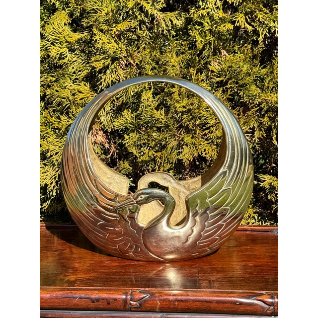 Elegant Mid 20th century Brass Basket With Retro Art Deco Style Crane Design For Sale - Image 11 of 11