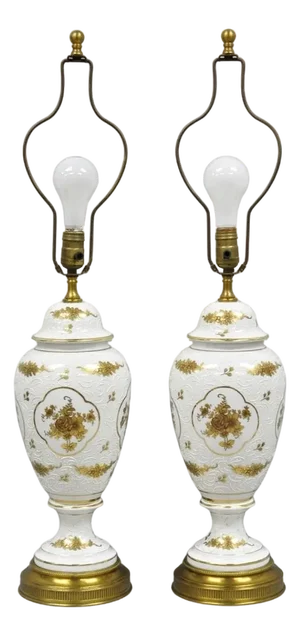 Vintage French Louis XV White Porcelain Ginger Jar Gold Flower Table Lamps Pair