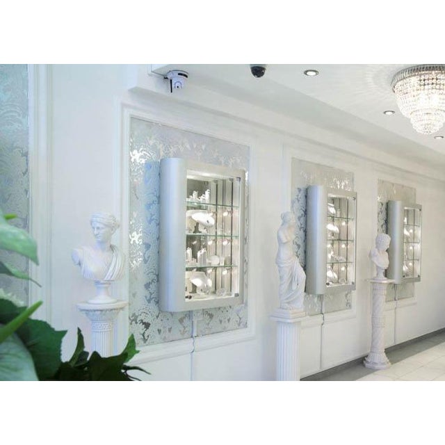 Cole & Son Damask White Lifford Flock on Silver Foil Wallpaper. For my design of a Jewelry store in Europe, I ordered the...