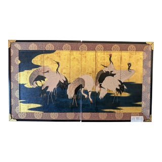 Vintage Japanese Two Panel Byobu Small Folding Screen Featuring a Flock of Cranes For Sale