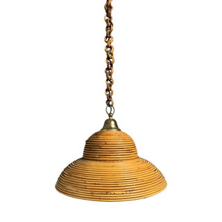 Mid-Century Italian Pencil Reed Rattan Bamboo and Brass Pendant Lamp, 1970s For Sale