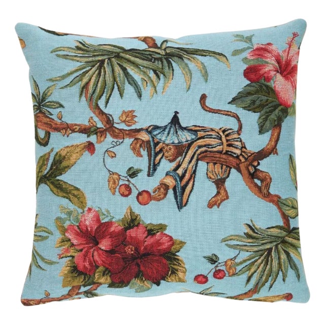 Tropical Monkey Blue Tapestry Cushion with Filler by Hines of Oxford For Sale