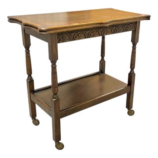 Antique English Country House Style Oak Flip Top Game Table Bar Cart Carved Frieze For Sale