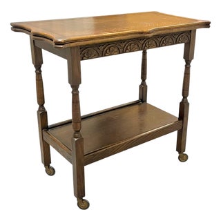 Antique English Jacobean Style Oak Flip Top Game Table Bar Cart Carved Frieze For Sale