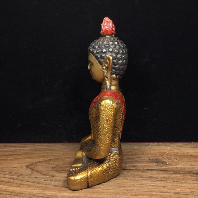 Vintage Gilt Bronze Seated Buddha Statue With Red Robe For Sale - Image 4 of 9