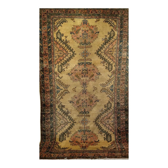 Vintage Turkish Oushak Rug, Geometric Pattern, Pale Yellow & Pink, 7' X 12' For Sale