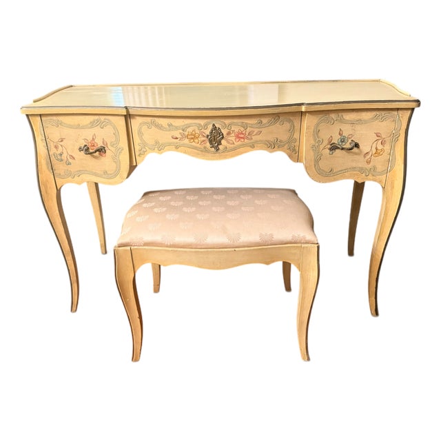 1940s Ralph H. Widdicombe for John Widdicomb Hand-Painted Louis XV Vanity & Bench For Sale