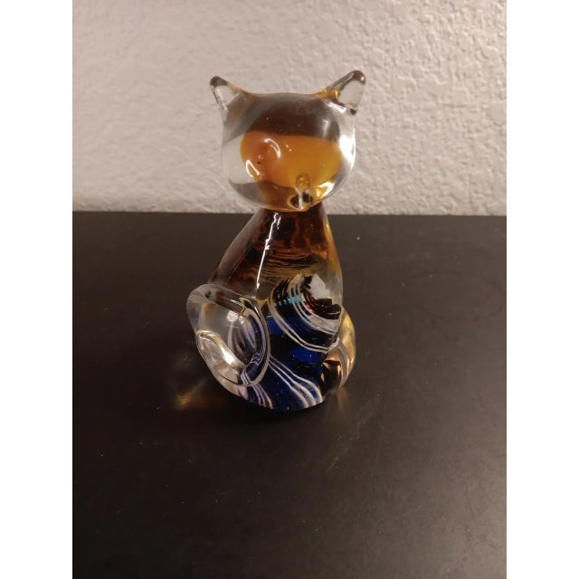 1980s Murano Style Amber With Blue & White Swirl Art Glass Cat Figurine For Sale In Dallas - Image 6 of 7