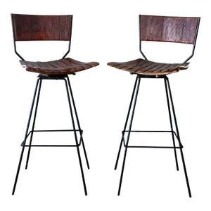 Mid Century Arthur Umanoff Roped Wood and Iron Swivel Stools - a Pair