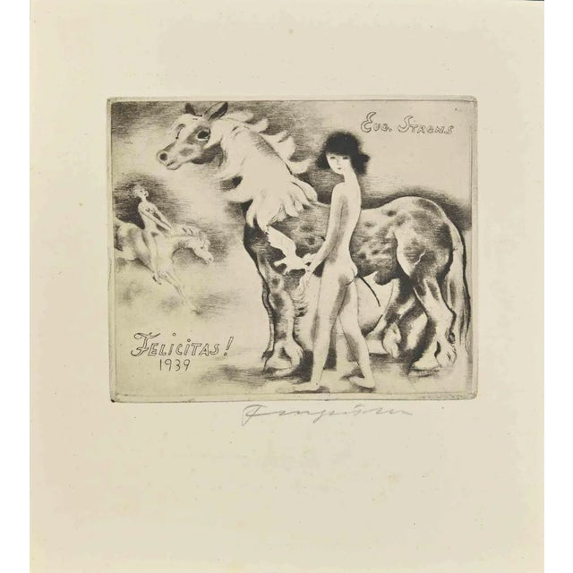 Michel Fingesten, Ex Libris Eug. Strens, Etching, 1939 For Sale