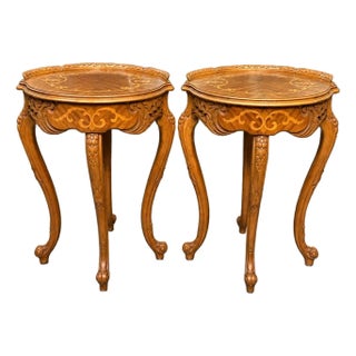 20th Century French Louis XV Carved Yew and Mahogany Floral Marquetry Side Tables (Pair) For Sale