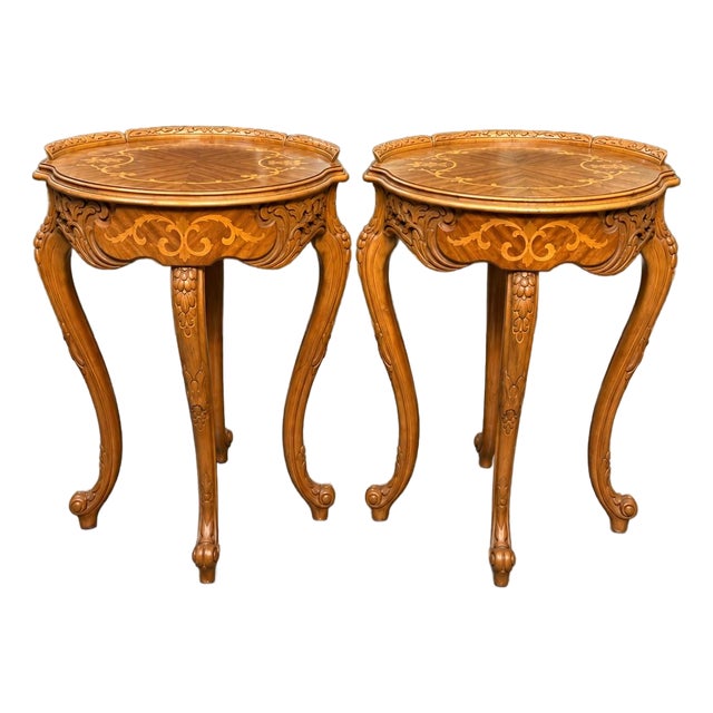20th Century French Louis XV Carved Yew and Mahogany Floral Marquetry Side Tables (Pair) For Sale