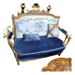 French Baroque Settee Sofa in Blue Velvet & Damask Fabric – Gold Leaf & Brass Carved Frame