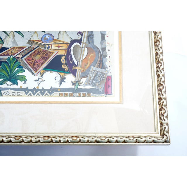 Cream Mid 20th Century Still Life with Flowers, Books and a Mandolin Lithograph Numbered 136/375, Framed For Sale - Image 8 of 10