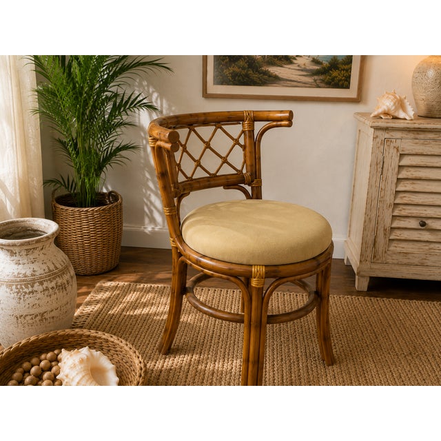 Vintage Honeymoon Coastal Bamboo & Rattan Oval Glass Dining Set With Two Chairs For Sale - Image 6 of 10