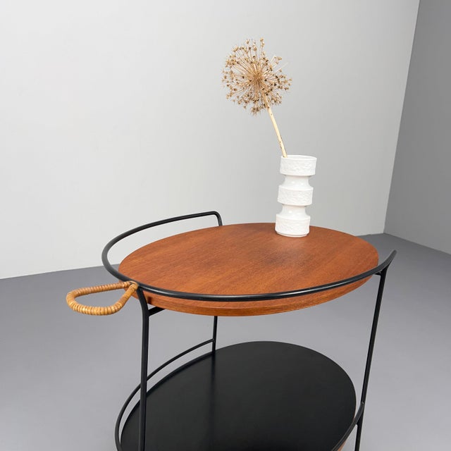 Metal Oval Bar Trolley with Teak Top and Rattan Handle, 1950s For Sale - Image 7 of 11