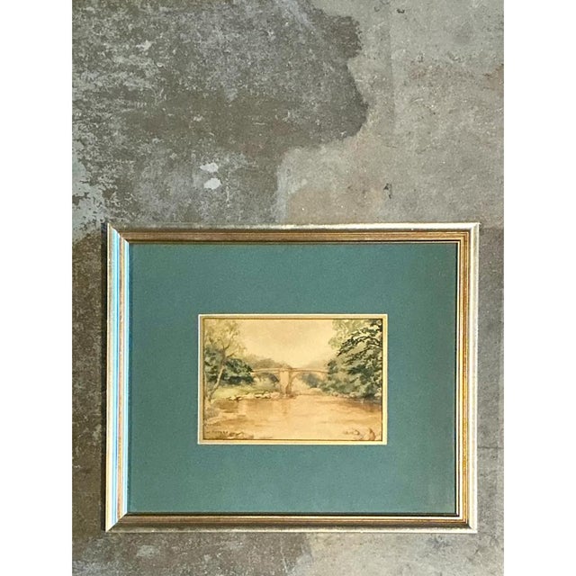 Mid 20th Century Vintage Bridge Landscape Art in Frame For Sale - Image 5 of 13