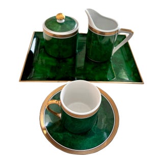 Otagiri Green Malachite Porcelain Personal Coffee Service : Demitasse Expresso Cup Saucer Creamer Sugar & Serving Tray Set / Japan / Late 20th Century For Sale