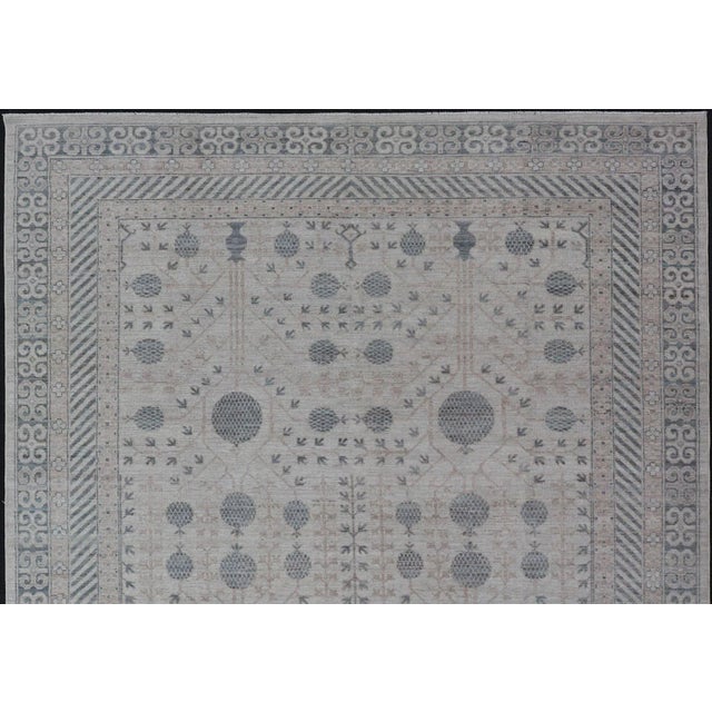 Cream Modern Tribal Khotan Rug in Shades of Cream, Tan, and Light Teal For Sale - Image 8 of 13