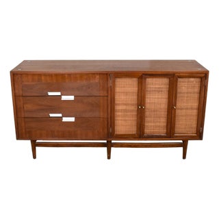 Mid-20th Century Mid-Century Modern Dresser American of Martinsville Accord Walnut & Cane W/ X’s & Asymmetric Handles For Sale