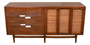 Mid-20th Century Mid-Century Modern Dresser American of Martinsville Accord Walnut & Cane W/ X’s & Asymmetric Handles