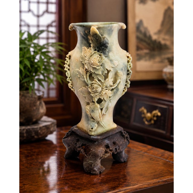 Mid 20th Century Large Chinese Hand-Carved Soapstone Vase With Floral, Butterfly & Bird Relief on Stand, 11.7"h For Sale - Image 10 of 10