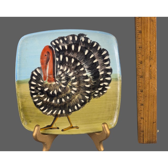 Late 20th Century Zrike on the Farm Italy Hand Painted Square Turkey Dish For Sale - Image 4 of 7