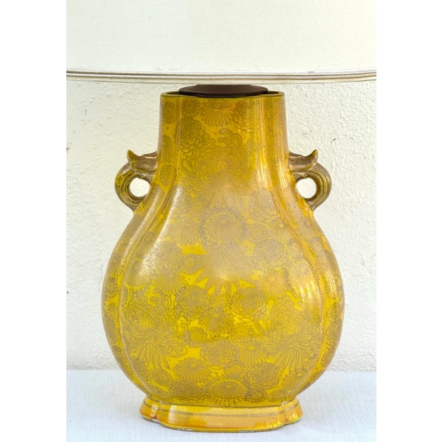 Japanese Table Lamp: Vintage Sunflower Yellow and Gilt Japanese Glazed Ceramic Lamp For Sale - Image 3 of 12