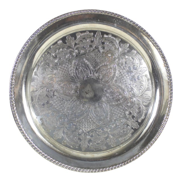 Vintage Round Silver Plated Tray With Rope Edge Plate Embossed Serving Dish For Sale