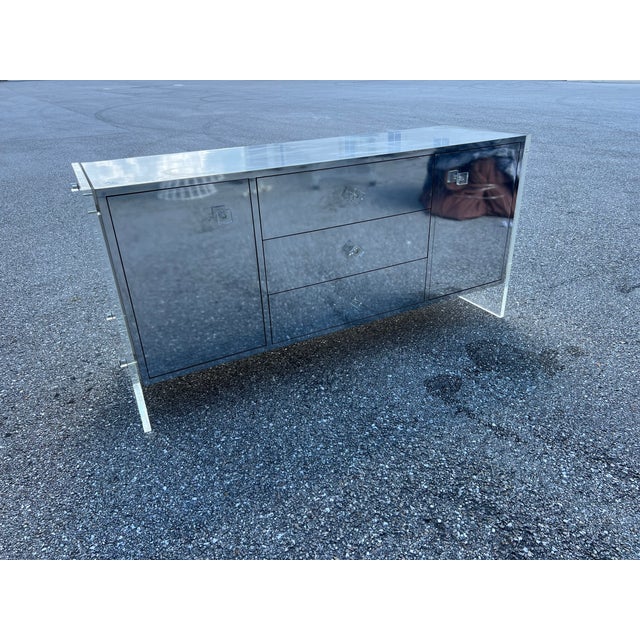 Lucite and Chrome Mirror Credenza, Mid-Century Modern Milo Baughman Style Floating Lucite Sideboard, Lucite Dresser For Sale In West Palm - Image 6 of 15
