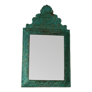 Antique Embossed Pressed-Metal (Tole) Mirror With a Green Patina Finish and Gilt Highlights Rococo For Sale