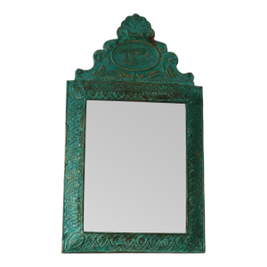 Antique Embossed Pressed-Metal (Tole) Mirror With a Green Patina Finish and Gilt Highlights Rococo