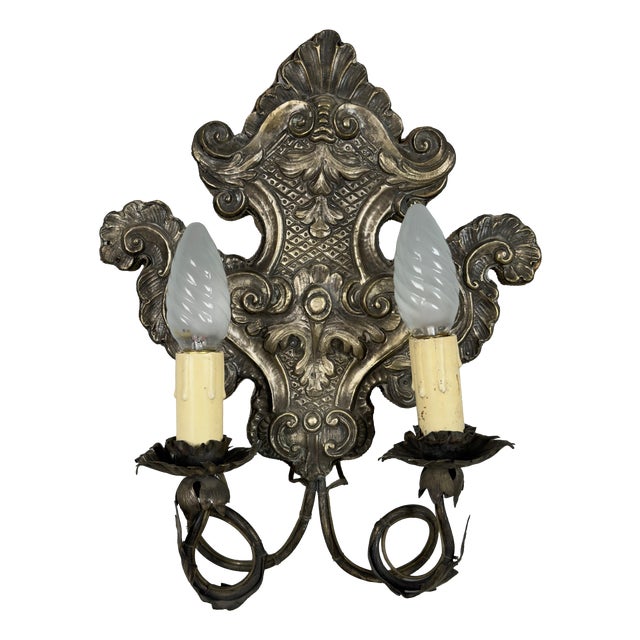 Cartagloria 2-Light Wall Lamp in Silver-Plated Wood, Early 1900s For Sale