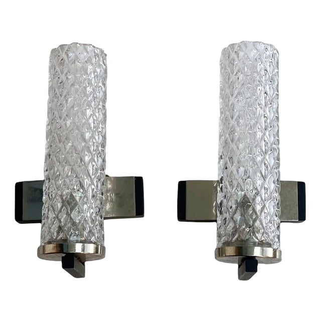 Vintage Glass Wall Sconces with Metal Base, 1960s, Set of 2 For Sale